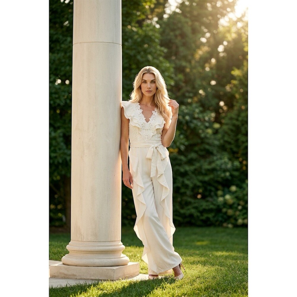 Mulla Jumpsuit Womens Size M Ivory Lace Ruffle Wide-Leg V-Neck Belted bridal - Picture 6 of 14